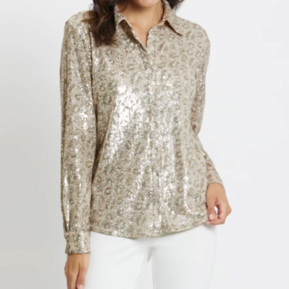 JUDE CONNALLY WOMENS BRANDY SEQUIN BUTTON DOWN TOP BLOUSE CHEETAH SIZE XS - Picture 1 of 7
